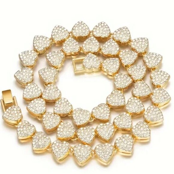 Gold Plated Heart Crystal Necklace Paved, Ice Out, Bling, Choker - Picture 9 of 14